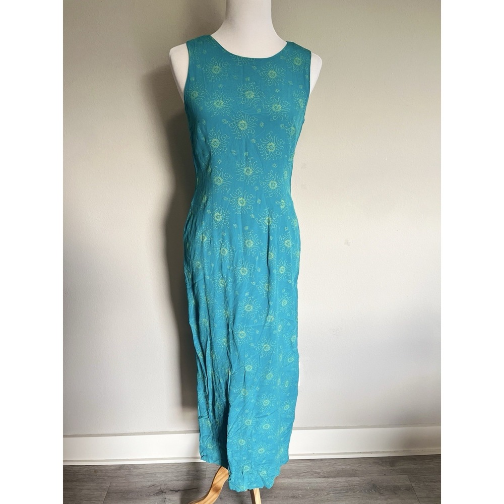 Vintage Retro 90's 100% Silk Celestial Sun Moon Teal Maxi Sheath Dress Size 8 - Picture 2 of 5